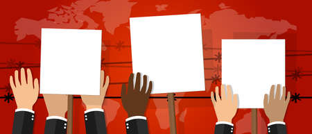 crowd people holding protest sign white placard vector illustration of strike activism protesters...