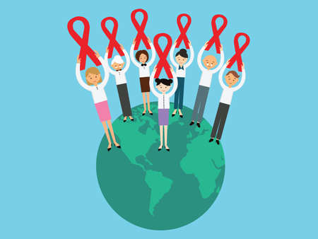 world AIDS day ribbon awareness people together globe careのイラスト素材