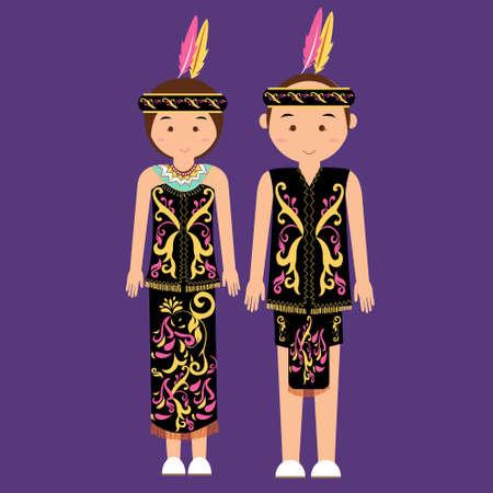 dayak kalimantan borneo indonesian traditional clothes woman dress vector cartoon costume asian flatのイラスト素材