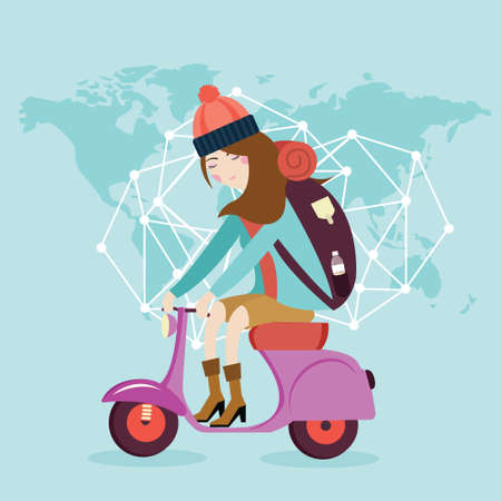 woman riding vespa bike travel around the world map bag flatのイラスト素材