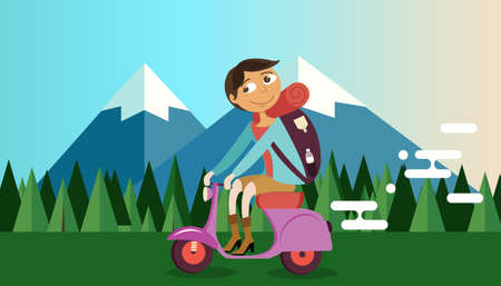 man riding vespa bike motorcycle in nature mountain forest background vector illustration travel flatのイラスト素材