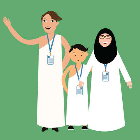 family haj hajj pilgrim man father mother woman kids wearing islam hijab ihram clothes vector illustration cartoonのイラスト素材