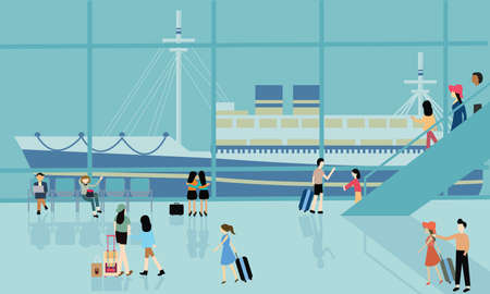sea port cruise boat busy activities people arrive departure go for travel transitのイラスト素材