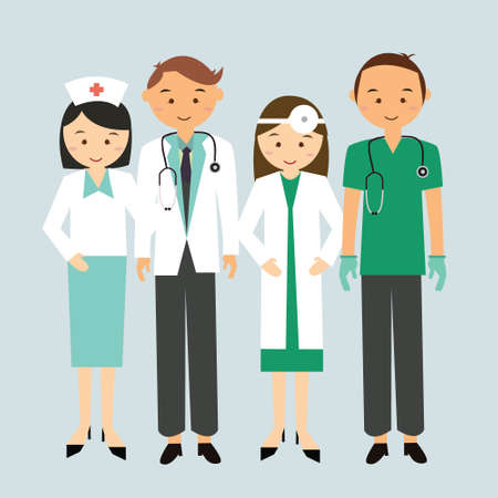 medical team doctor nurse group worker standing together man woman mae female cartoon character illustration flatのイラスト素材