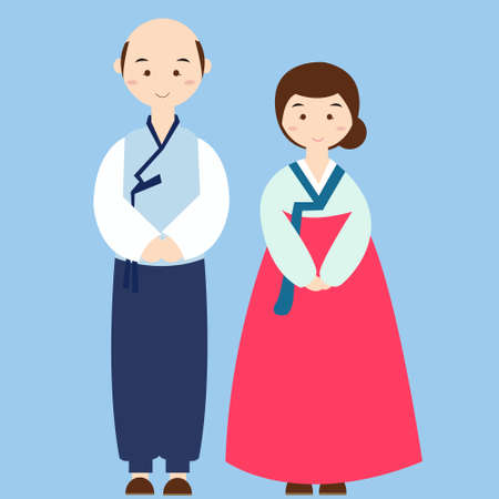 couple wearing korean traditional clothes costume asian wedding dress のイラスト素材