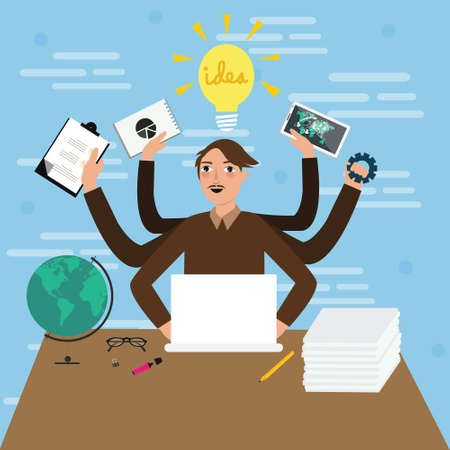 business person male man multitasking hand holding paper work jobs illustration flat stressed busy ideaのイラスト素材
