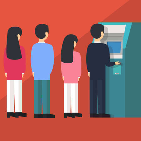 people waiting in line queue to draw money from self-service ATM Automated Teller Machine cartoon illustration flatのイラスト素材