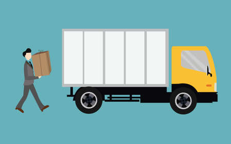 people moving bring box into truck container transport