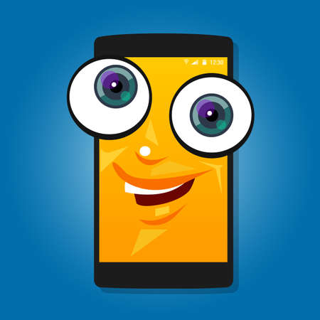 smart phone mobile big eyes character cartoon smile yellow cute happyのイラスト素材
