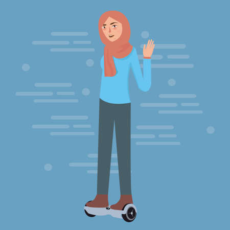 young girl wearing hijab play hoverboard standing balancing vectorのイラスト素材