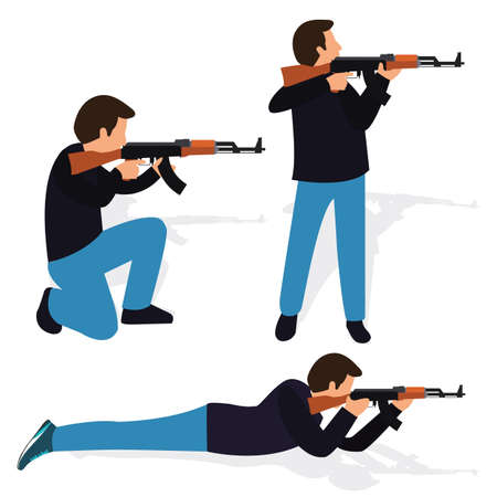 man shooting rifle gun weapon position shot action firearm standing prone kneeling aim target automatic machine gun vectorのイラスト素材