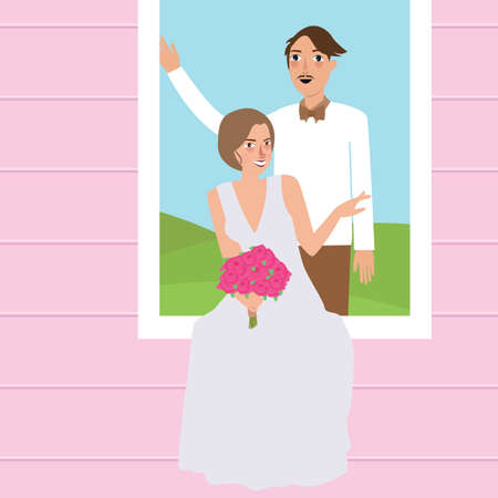 couple man woman wedding dress portrait in window man standing behind woman holding flower wearing wedding dress vector drawing illustrationのイラスト素材