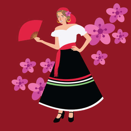 traditional spanish spain costume gypsy girl woman wearing wearing dress white black vector illustrationのイラスト素材