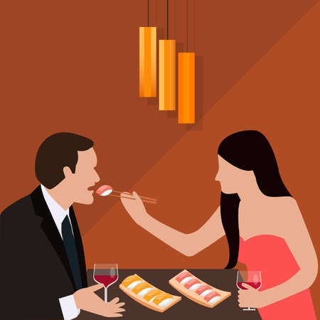 couple dinner woman give food for man romantic sushi eating drink wine glass vectorのイラスト素材