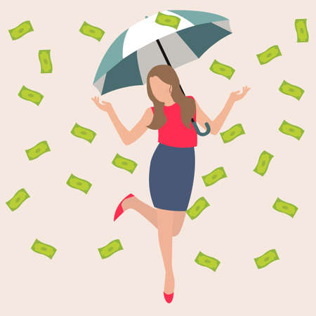woman umbrella money rain dollar cash rich lucky success business flat vector illustration concept drawingのイラスト素材