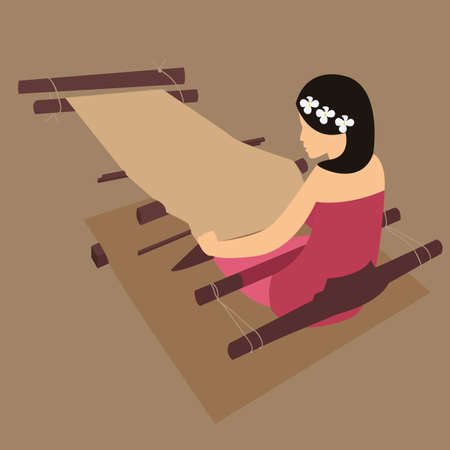 indonesian woman woving create traditional woven textile handmade process clothes fabric asian craft vectorのイラスト素材