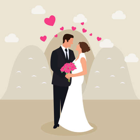 man woman couple married see eyes wedding dress love heart flower bucket in hand flat vector drawing illustration artのイラスト素材