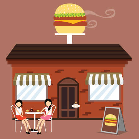 customer in front of burger shop enjoy meals with friendsのイラスト素材