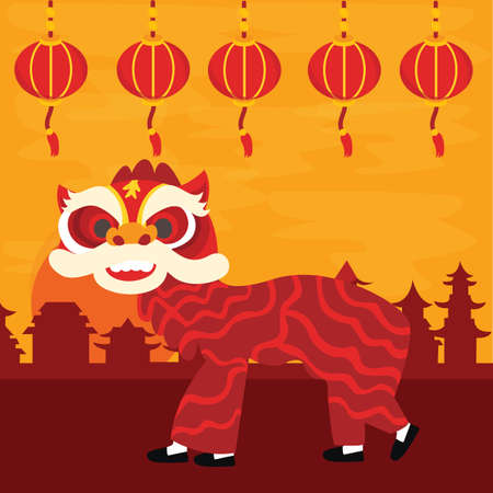 Chinese traditional dragon dance barongsai happy new lunar year celebration attraction red color vectorのイラスト素材