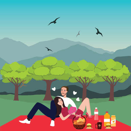 couple picnic man woman in park outdoor dating bring food in basketのイラスト素材