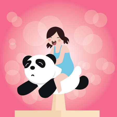 cute adorable little kids girls riding on top of toys panda happy fun smilingのイラスト素材