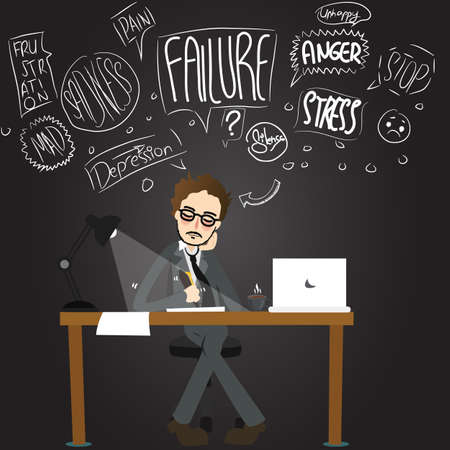 business man stress anger confuse working late night unhappy stressful exhausted cartoon illustrationのイラスト素材
