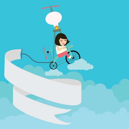 kids girls riding bicycle flying on the sky with text bannerのイラスト素材