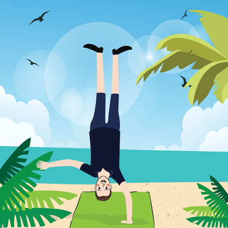 man handstand with one hand in beach exercise fun action upside downのイラスト素材