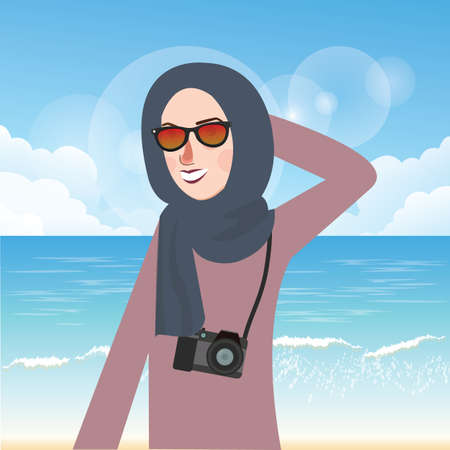 woman wear hijab and glasses casual in beach while bring cameraのイラスト素材