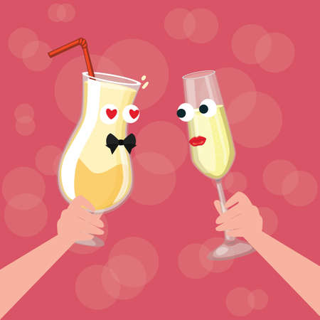 two glass character cartoon cheers fall in love dinner each otherのイラスト素材