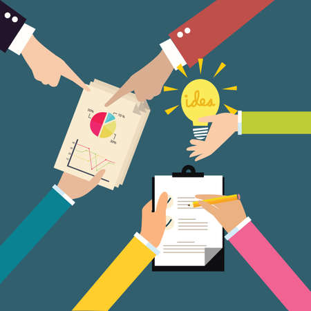 business exchange ideas brainstorm hands on table making notes sharing chart and light bulb vectorのイラスト素材