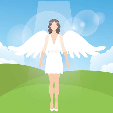 woman female angel with feather wings standing vector cartoon illustration lightのイラスト素材