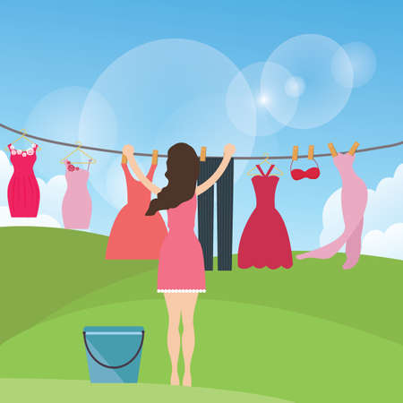 woman female mom drying clothes hanging in rope under the sun outdoor vectorのイラスト素材