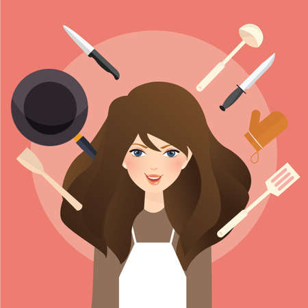 beautiful woman smile around cooking tools kitchen utensils wearing apron vectorのイラスト素材