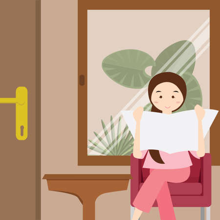 woman reading newspaper sitting on chair illustration vectorのイラスト素材