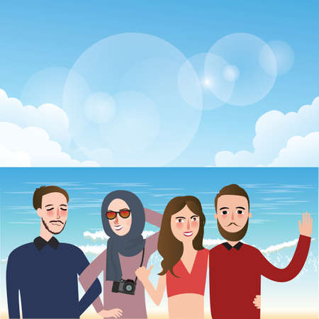 friends taking picture together wearing veil fun on beach illustration vector