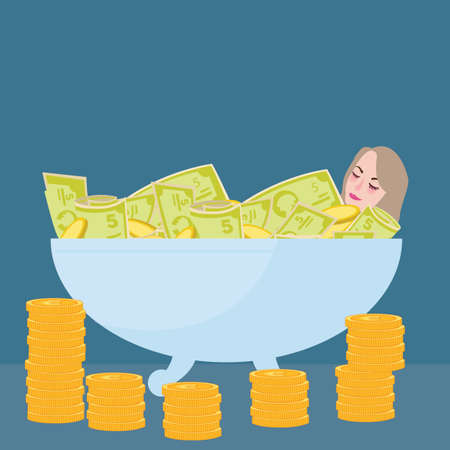 woman bathing in money filthy rich wealth success fortune vectorのイラスト素材