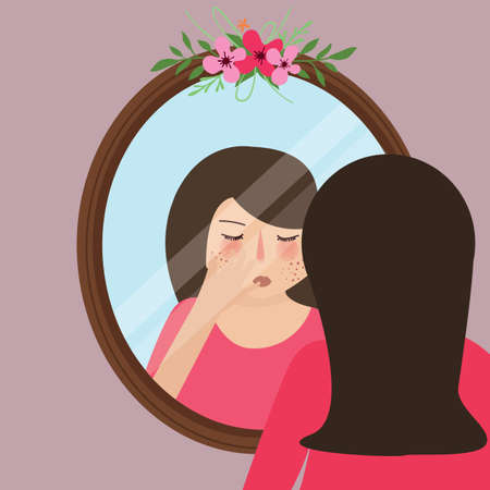 girls with acne pimple looking into mirror skin face problem vectorのイラスト素材
