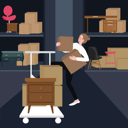 woman girls buying furniture home interior carrying box of cardboard in shop ectorのイラスト素材