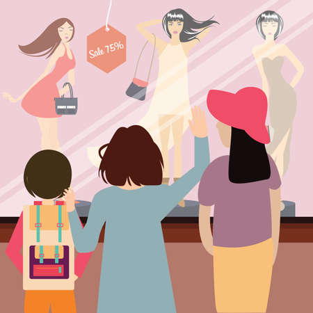 woman and kids standing in front of sale item fashion store vectorのイラスト素材