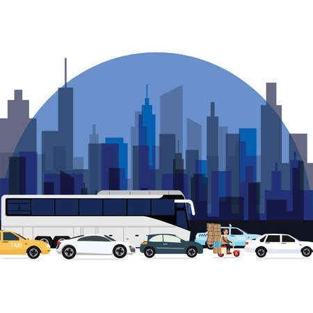 traffic jam around town cars bus and motorcycle lining with high rise building as background vectorのイラスト素材