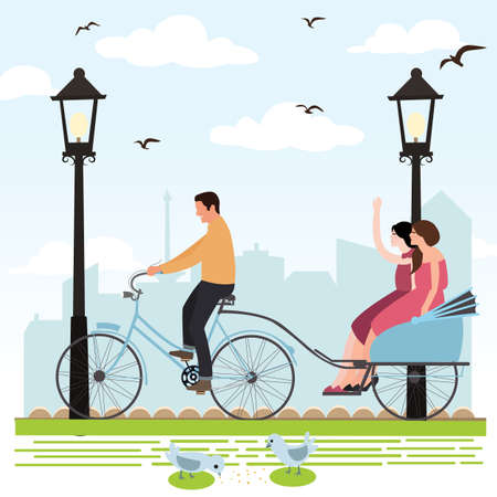 riding rickshaw in town tourist enjoy city scene illustrationのイラスト素材