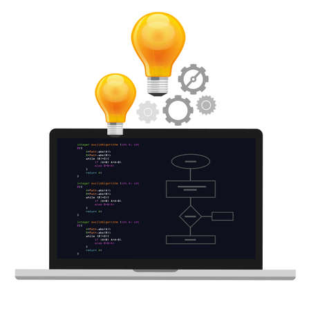 computer algorithm computer science problem solving process with programming language code concept light bulb and gearのイラスト素材