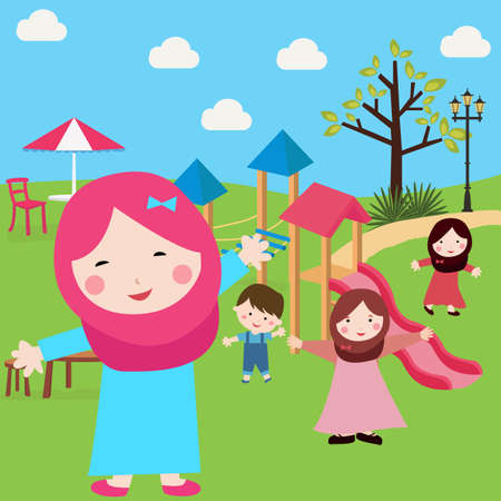 kids Islam girls and boys having fun in park wearing veil with sliding and tree vectorのイラスト素材