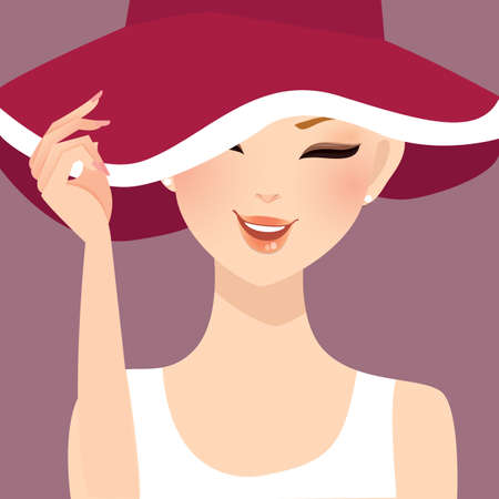 beautiful woman lady female wearing hat smile illustration vectorのイラスト素材