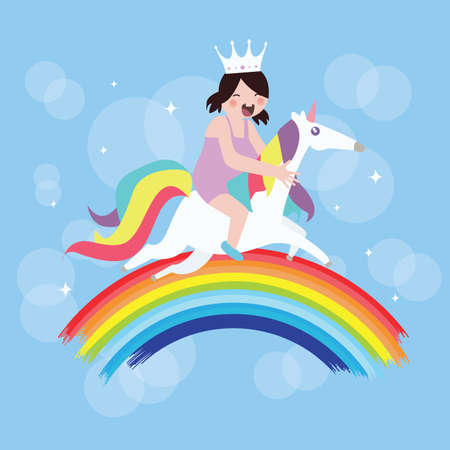 kids girls riding horse unicorn fly around rainbow kids imagination vectorのイラスト素材