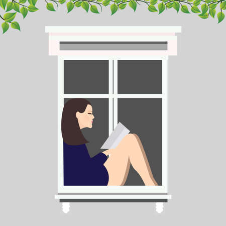 girl reading book sitting at the window illustration vectorのイラスト素材
