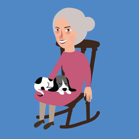 old lady woman senior with cat sleeping in her lap sitting in chair vectorのイラスト素材