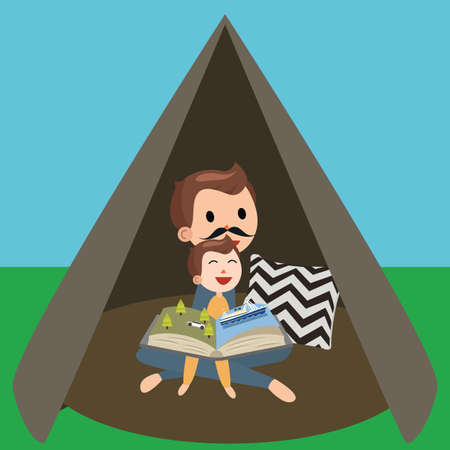dad father and son kids reading book story in tent vectorのイラスト素材