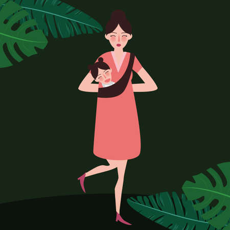 single parent woman girl female looking window glass from behind wearing hat sunset vectorのイラスト素材